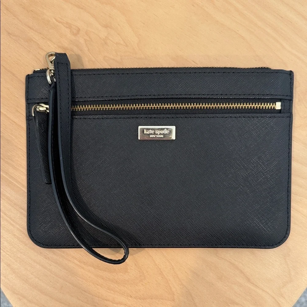 kate spade black leather wristlet with gold hardware